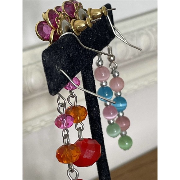 Bead Dangle Earrings Red Pink Orange Blue Cat Eye Stone Cluster Flower Pierced - Picture 5 of 7